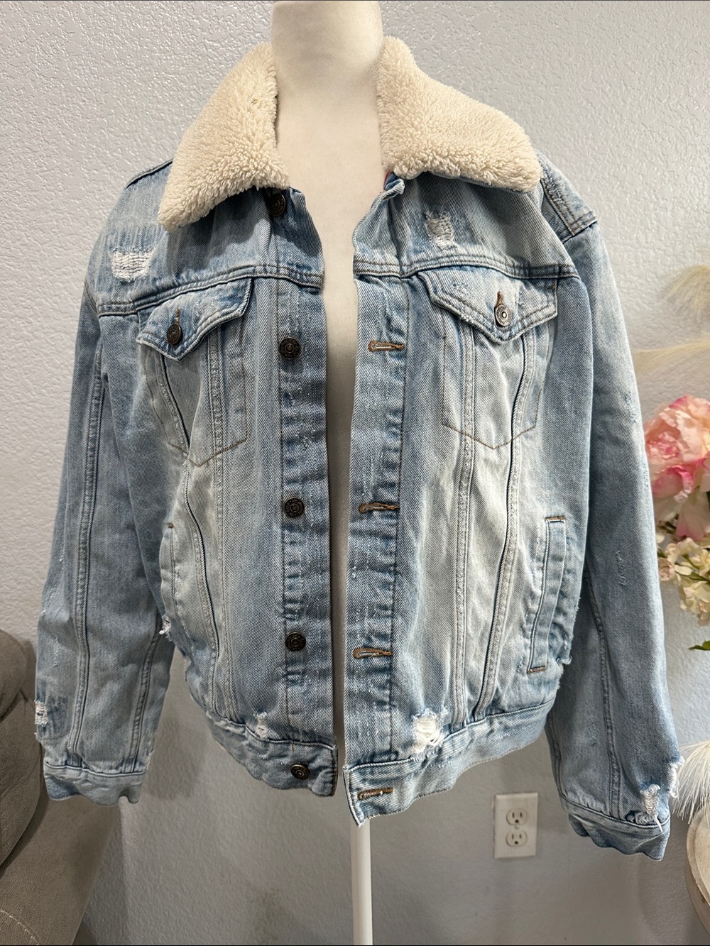We The Free Light Blue Sherpa-Lined Denim Jacket